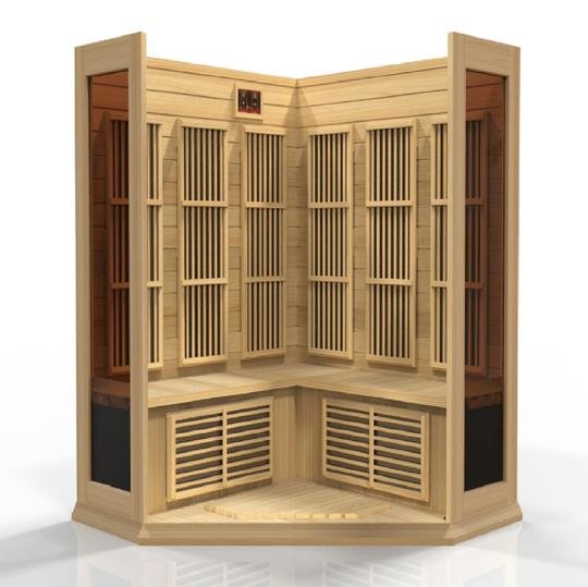 Golden Design Low EMF 3-Person Maxxus FAR Infrared Sauna Corner Unit with Hemlock Wood | Model: MX-K356-01 - MX-K356-01